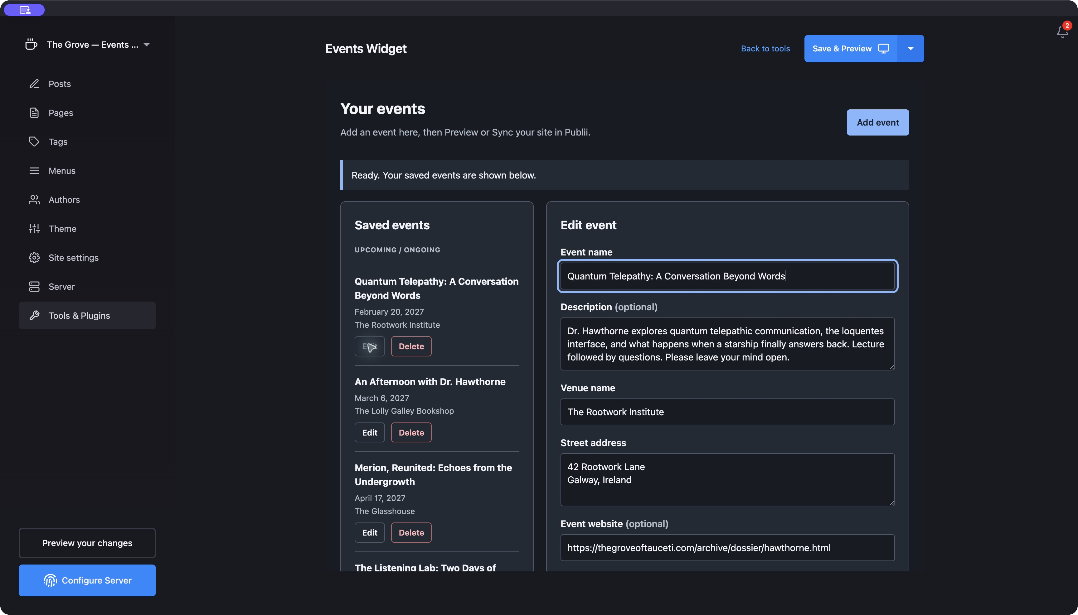 Events Widget running inside a separate Publii project with fictional Grove events